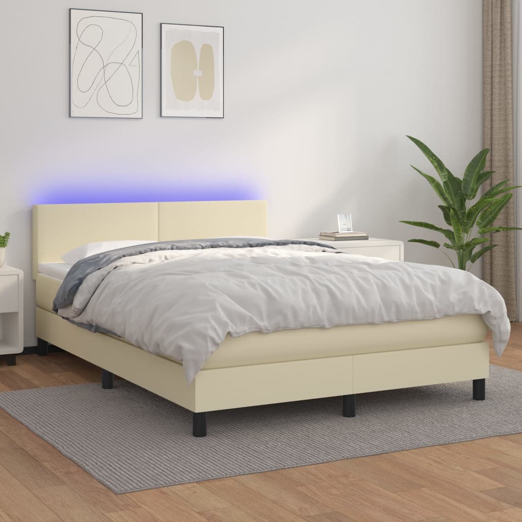 vidaXL Box spring postel s matrací a LED krémová 140x200 cm umělá kůže