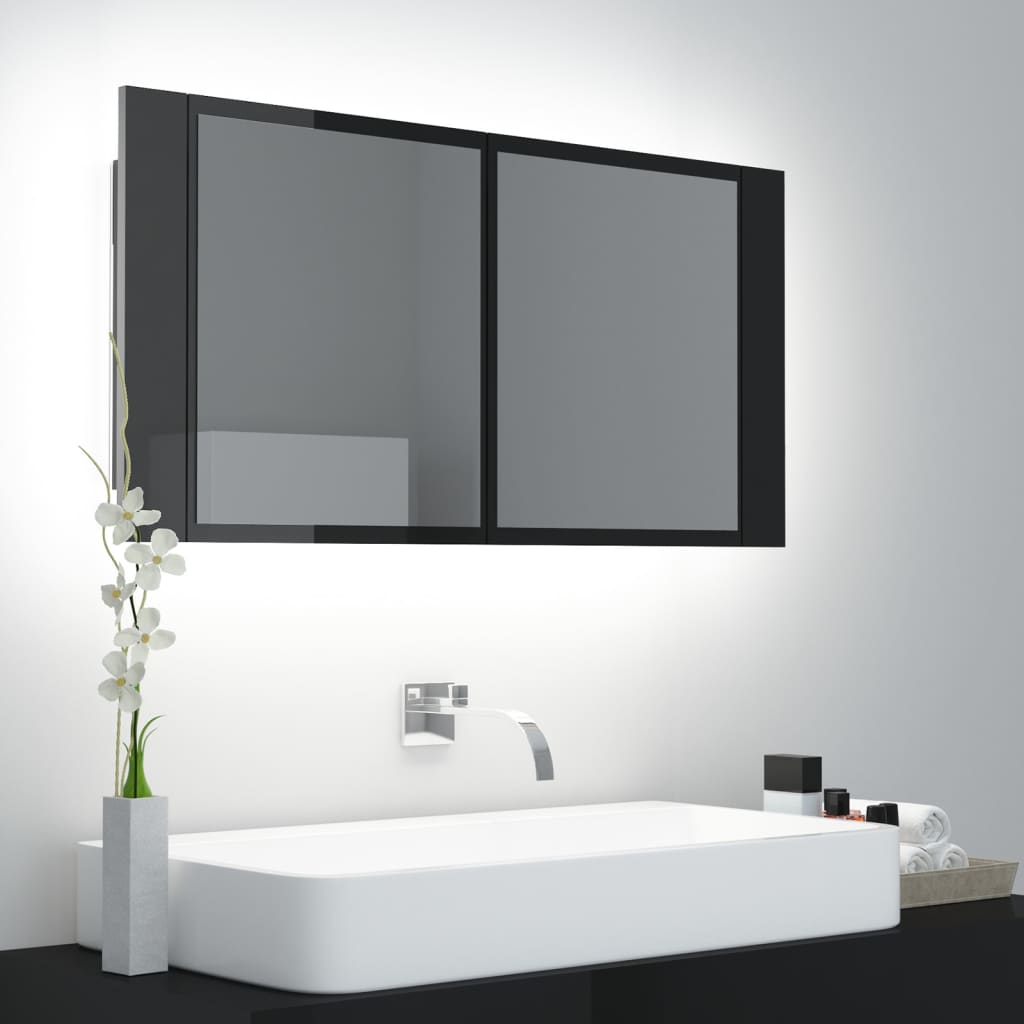 vidaXL LED koupelnová skříňka se zrcadlem lesklá černá 90 x 12 x 45 cm