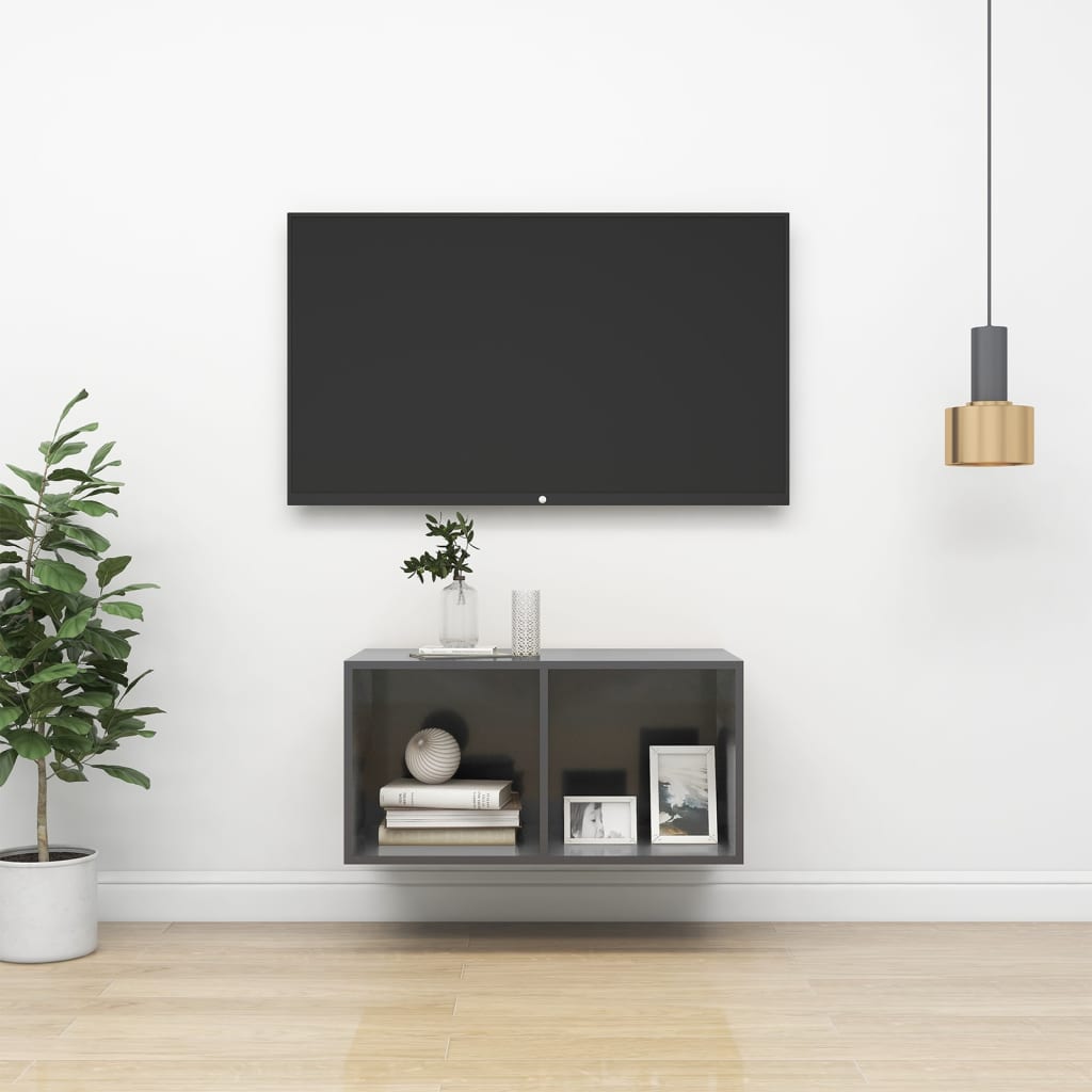 vidaXL Nástěnná TV skříňka šedá vysoký lesk 37 x 37 x 72 cm dřevotříska